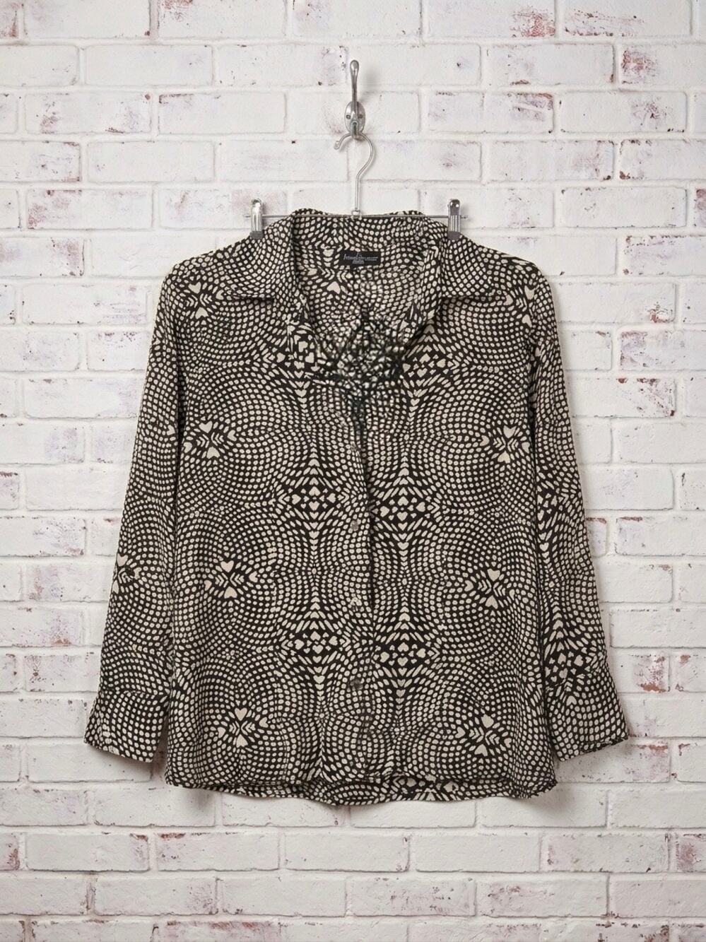 Piano Black White 100% Silk Polka Dot Optical Print Button Down Blouse Small Y2K